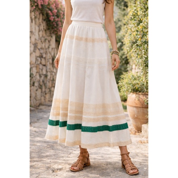 POSE Dresses & Skirts - POSE Lace Eyelet Trimmed Maxi Skirt Womens 4 White Green Cotton Boho Cottagecore